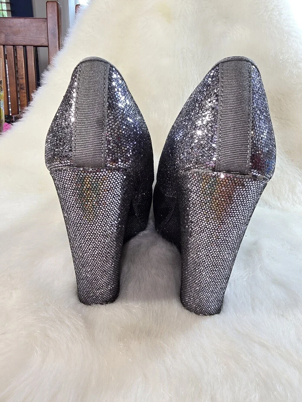 MIA Amore Icicle Silver Glitter Platform Wedge Pumps